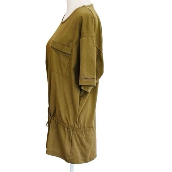 MORGIN olive green drawstring waist top, chest pocket, crochet accents - Picture 6 of 8